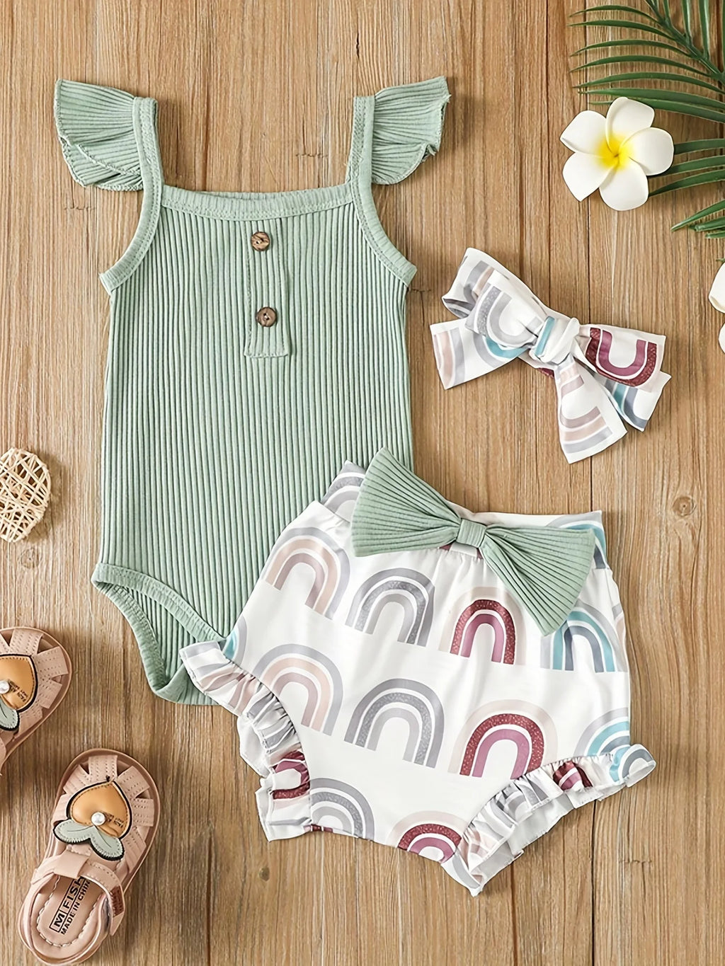 Ensemble Bébé Fille 3 Pièces – Body Sans Manches & Short Imprimé