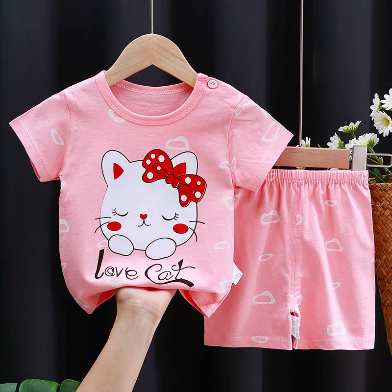 Ensemble Bébé Fille & Garçon Été – T-Shirt Coton & Short Cartoon