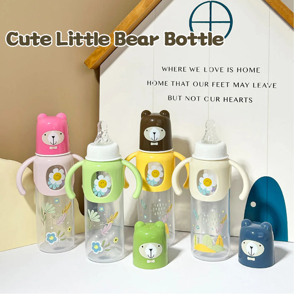 250ml  Baby bottle standard caliber silicone mouth baby cartoonwith handle newborn drinking water anti-fall pp bottle