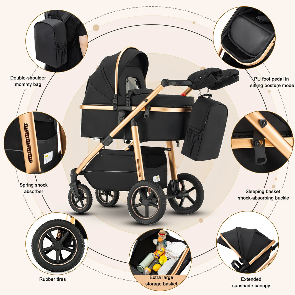 Baby Stroller 3 in 1 Lightweight for Newborn Mother Kids Portable Folding Carriage Luxurious Pushchair Car Seat Travel Pram