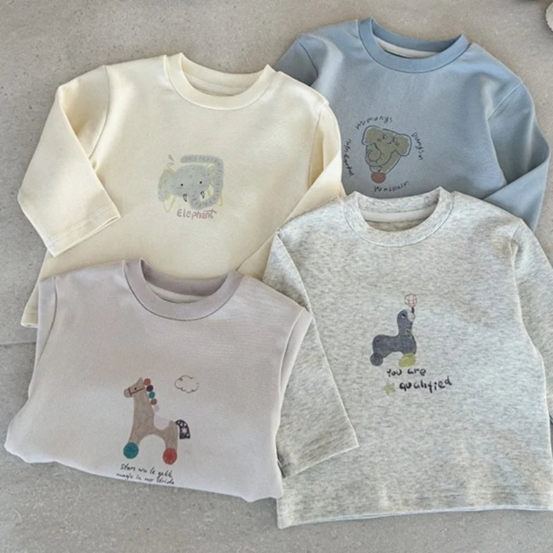 2026 Spring Korean Baby Clothing Cartoon Pattern Blouse for Boys Blue Sweatshirt Long Sleeve for Toddler