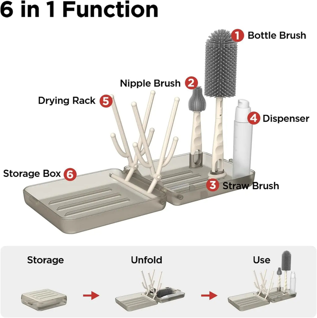 Travel Bottle Brush Set, Auto-Open Rack & Vertical Brushs Drying Slots, 3 Brushes, Foldable Drying Rack, Travel Baby Essentials