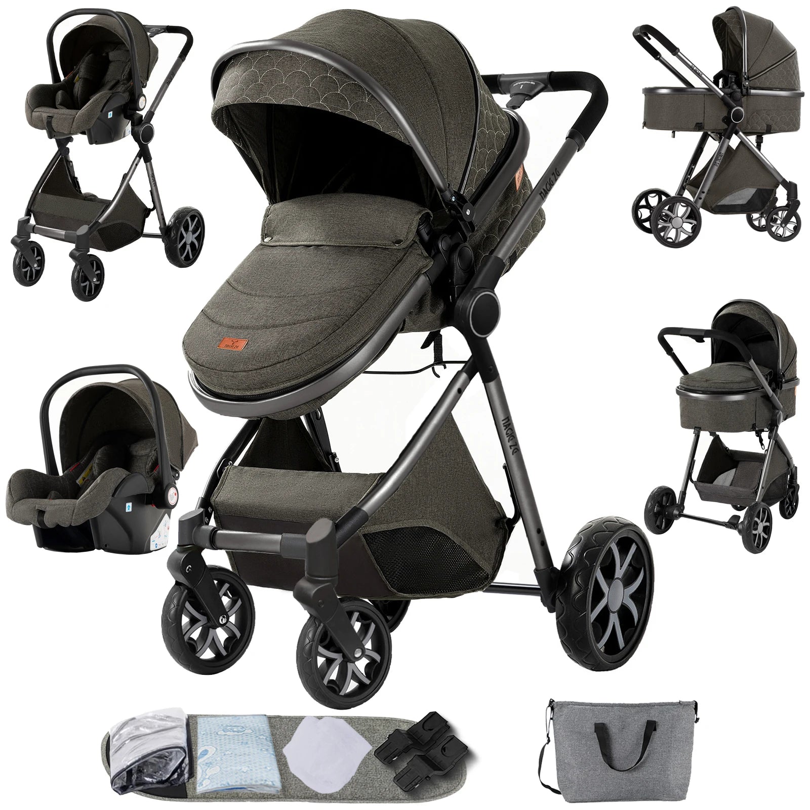 3-in-1 High Landscape Baby Stroller Travel System Bassinet Car Seat Lightweight Frame with One-Hand Folding Feature Baby Items