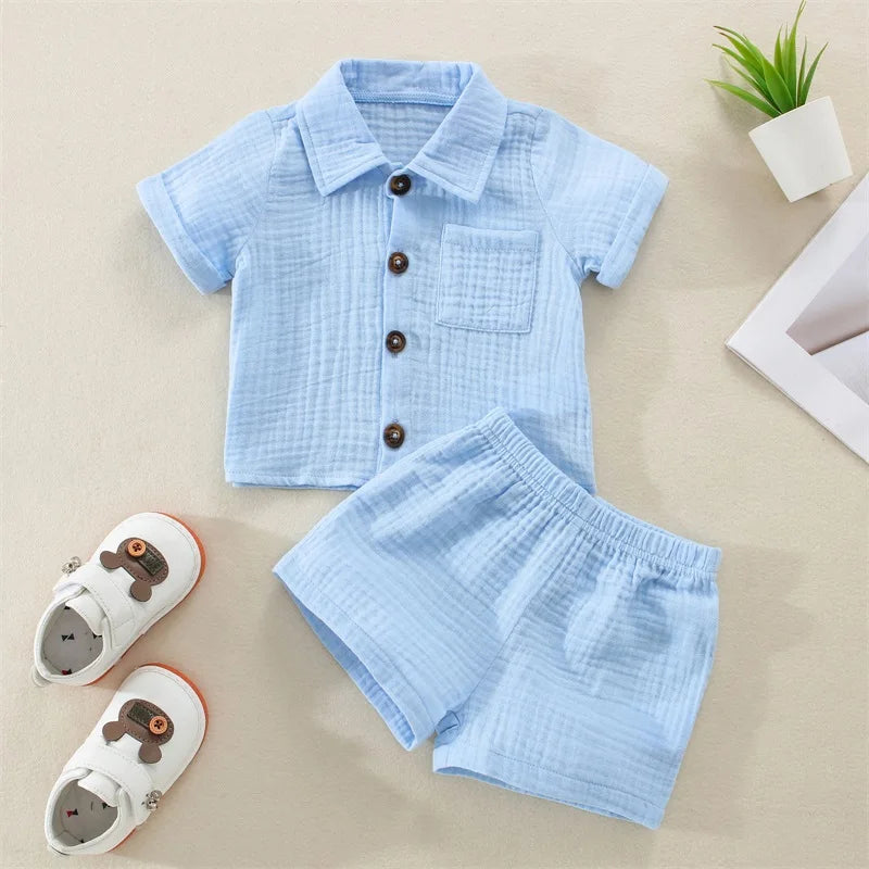 Ensemble Bébé Garçon Été – Chemise Col Revers & Short en Coton Lin