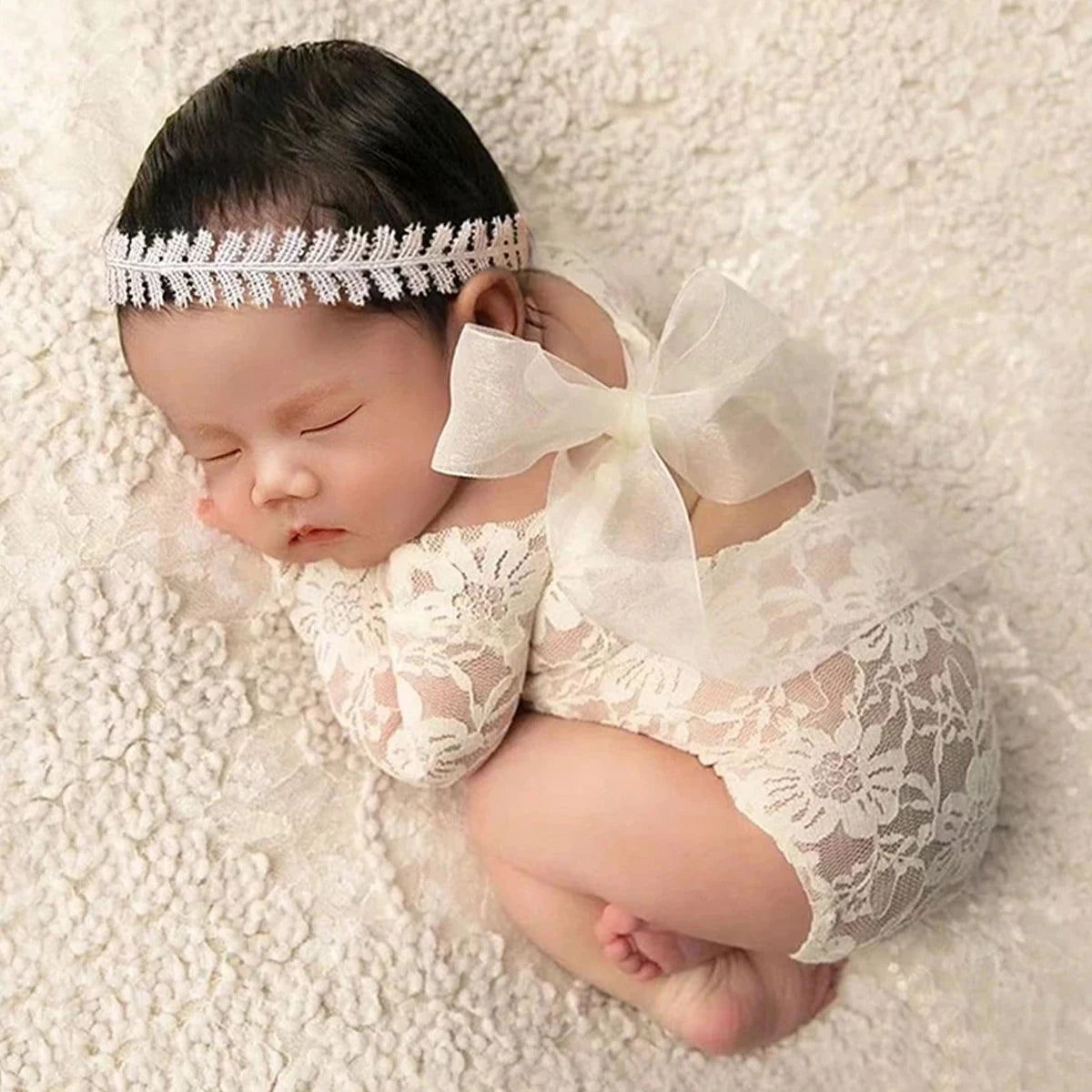 Ylsteed 2 Pieces Set Newborn Lace Romper Infant Photography Outfits with Matching Headband Baby Girl Photo Shooting Props