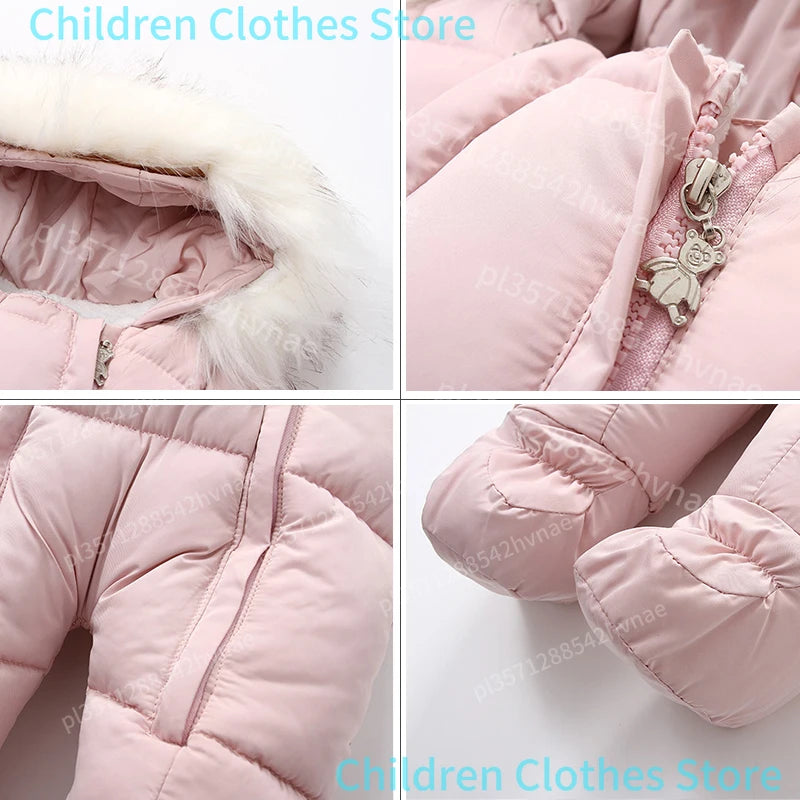 2025 New Winter Baby Rompers Thick Warm Infant Hooded Inside Fleece Jumpsuit Newborn Boy Girl Overalls Toddler Clothing Set