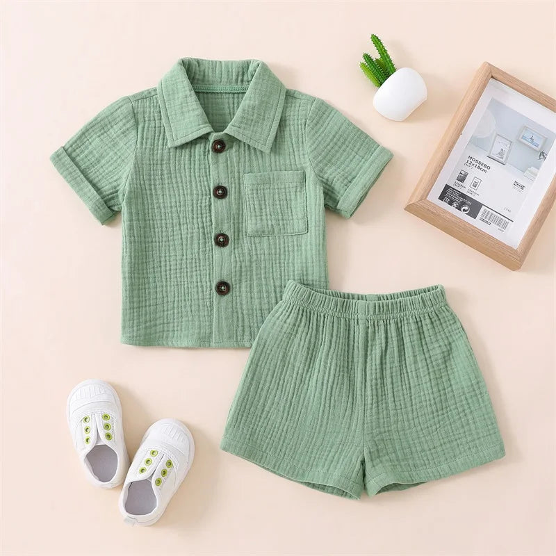 Ensemble Bébé Garçon Été – Chemise Col Revers & Short en Coton Lin