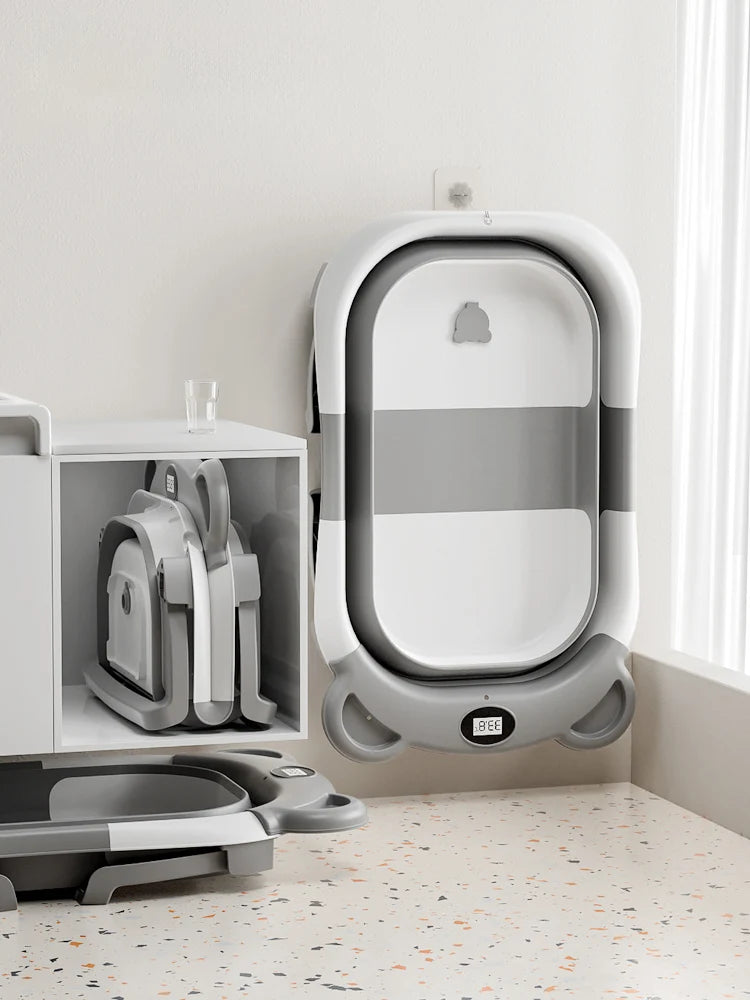 Collapsible Baby Bathtub for Newborn with Thermometer &1Soft Floating Cushion,Portable Travel Bathtub with Drain Hole,Baby Tubs