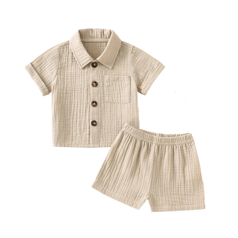 Ensemble Bébé Garçon Été – Chemise Col Revers & Short en Coton Lin