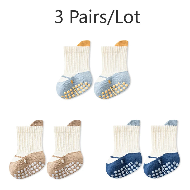 3/6 Pairs Baby Floor Socks with Grips Breathable Cotton Non-Slip Socks for Toddlers 0-5 Years
