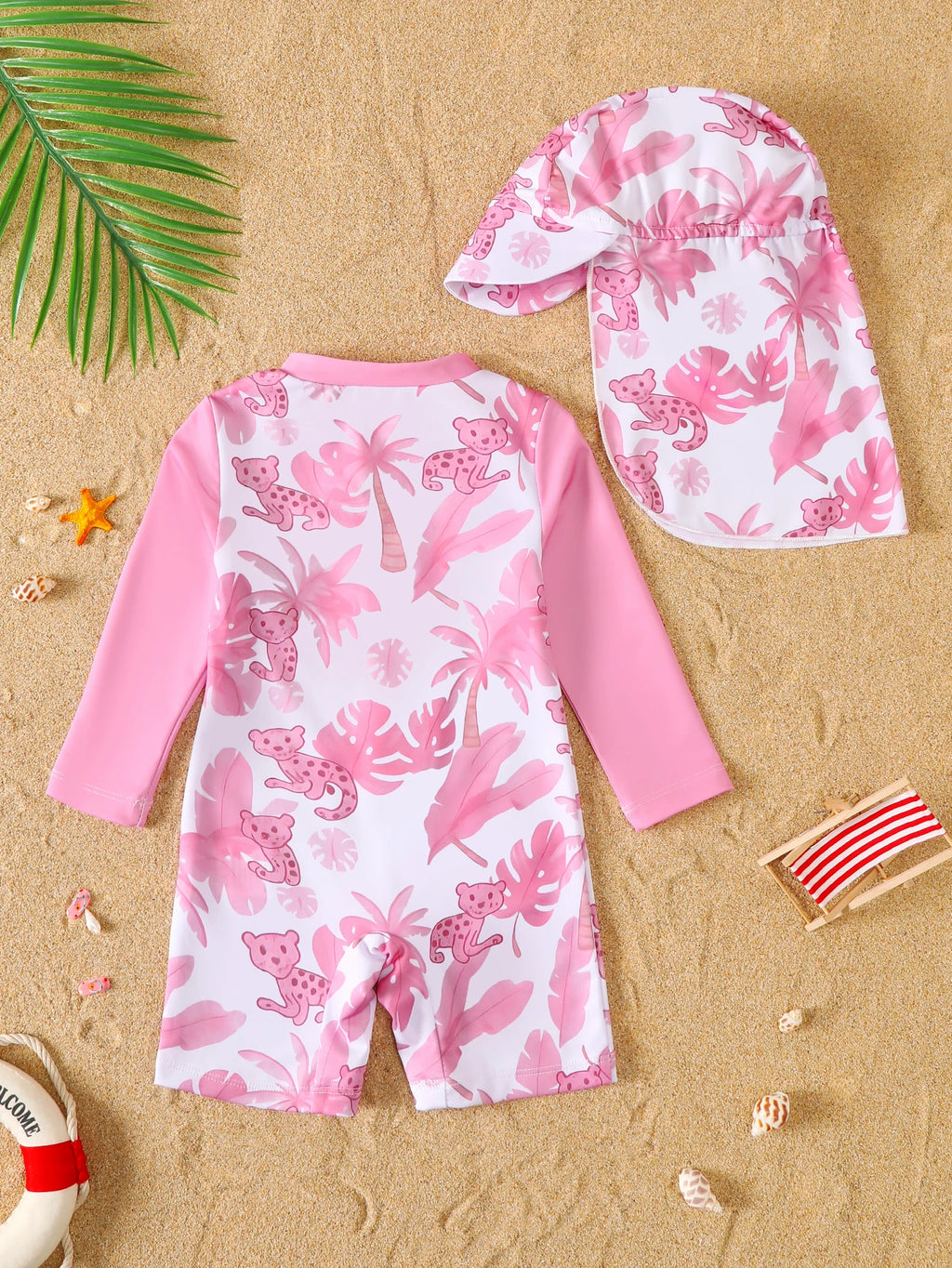 Maillot de Bain Bébé Fille Rose – Manches Longues avec Chapeau