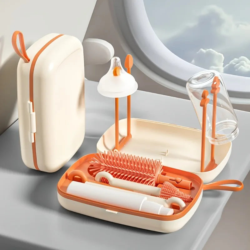 Silicone Bottle Brush Pacifier Brush with Storage Box Draining Rack Straw Brush for Baby Bottles Home Travel Cleaning Kit Safe