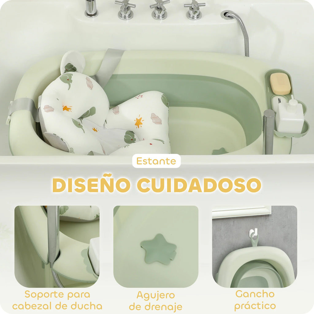 Aiyaplay Foldable Baby Bathtub with Bath Cushion Support with Button Drain Hole and Shower Shelf Hook Green