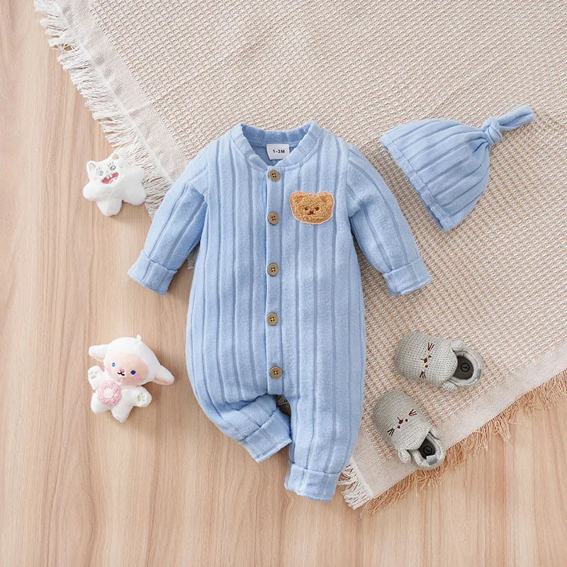 2pcs newborn baby romper Winter sweater knit long-sleeved blue Bear Chapter With hat One piece Baby pajamas 0-18 months Unisex
