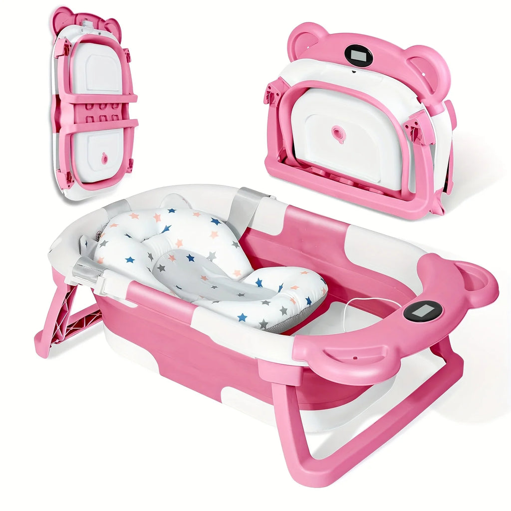 Anti-Slip Foldable Baby Bath Tub – with Thermometer, Bath Cushion, Easy Storage, 0-36 Months, Blue, Pink