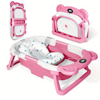 Anti-Slip Foldable Baby Bath Tub – with Thermometer, Bath Cushion, Easy Storage, 0-36 Months, Blue, Pink
