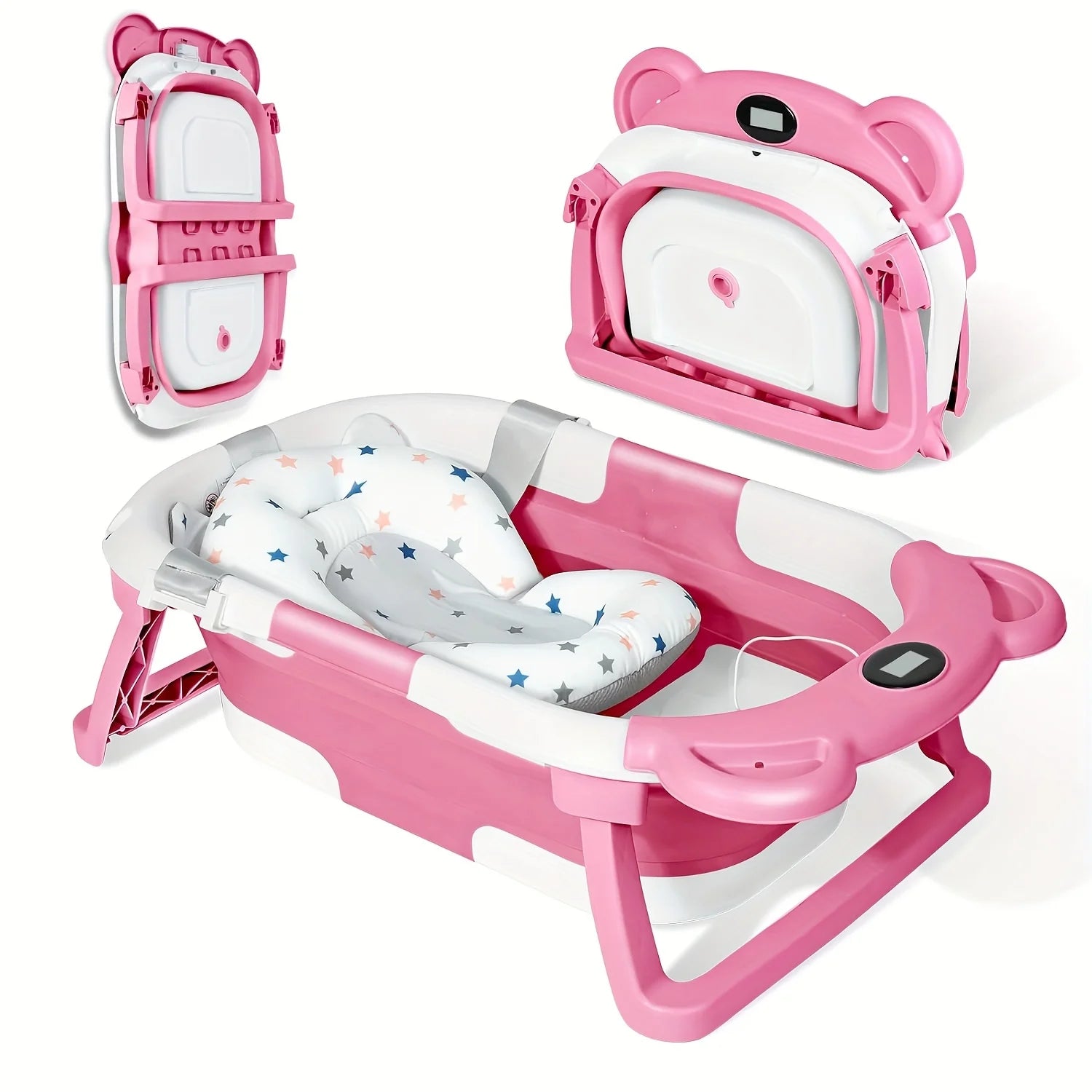 Anti-Slip Foldable Baby Bath Tub – with Thermometer, Bath Cushion, Easy Storage, 0-36 Months, Blue, Pink