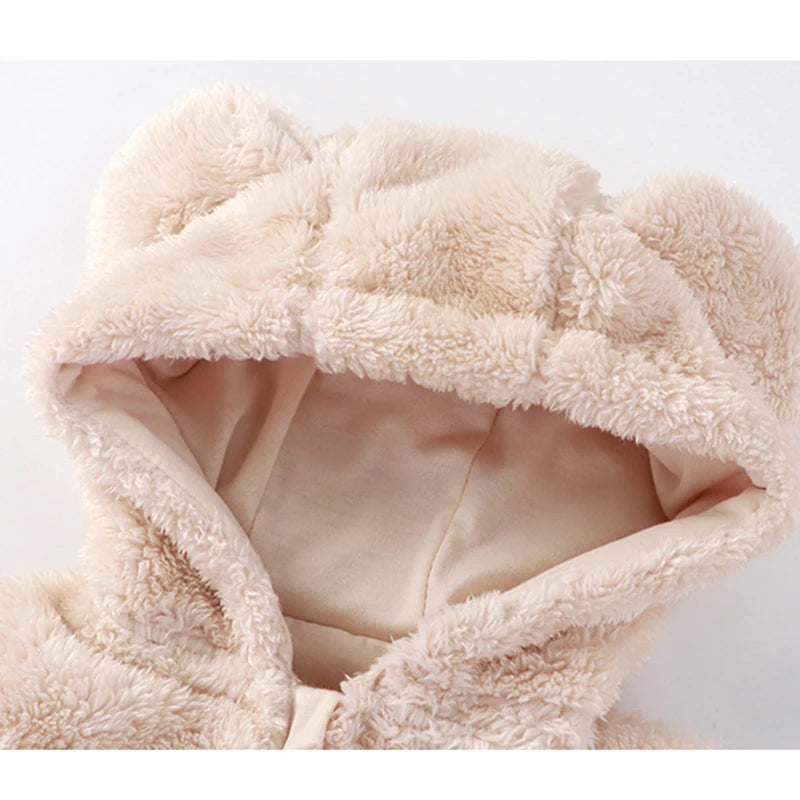 2025 Winter Newborn Baby Cartoon Bear Plush Onesie Hooded Ear Fluffy Romper Unisex 0-12M Thermal Infant Jumpsuit Warm Outfit
