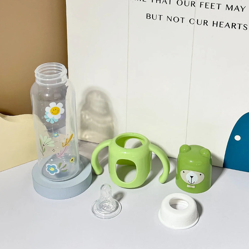 250ml  Baby bottle standard caliber silicone mouth baby cartoonwith handle newborn drinking water anti-fall pp bottle