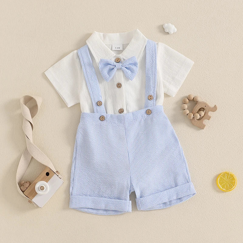 Ensemble Gentleman Bébé Garçon – Barboteuse, Short à Bretelles & Nœud Papillon