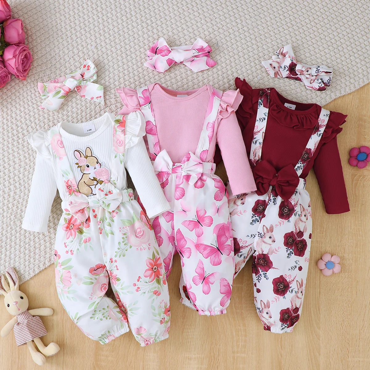Ensemble Bébé Fille – Jumpsuit + Pantalon 3 pcs