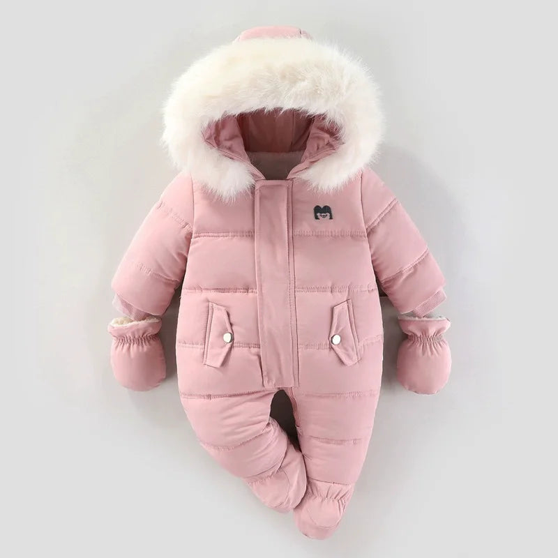 2025 New Winter Baby Rompers Thick Warm Infant Hooded Inside Fleece Jumpsuit Newborn Boy Girl Overalls Toddler Clothing Set