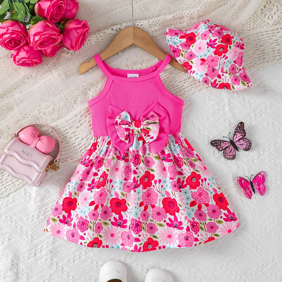 Ensemble Bébé Fille 2 Pièces – Robe à Nœud & Chapeau d'Été