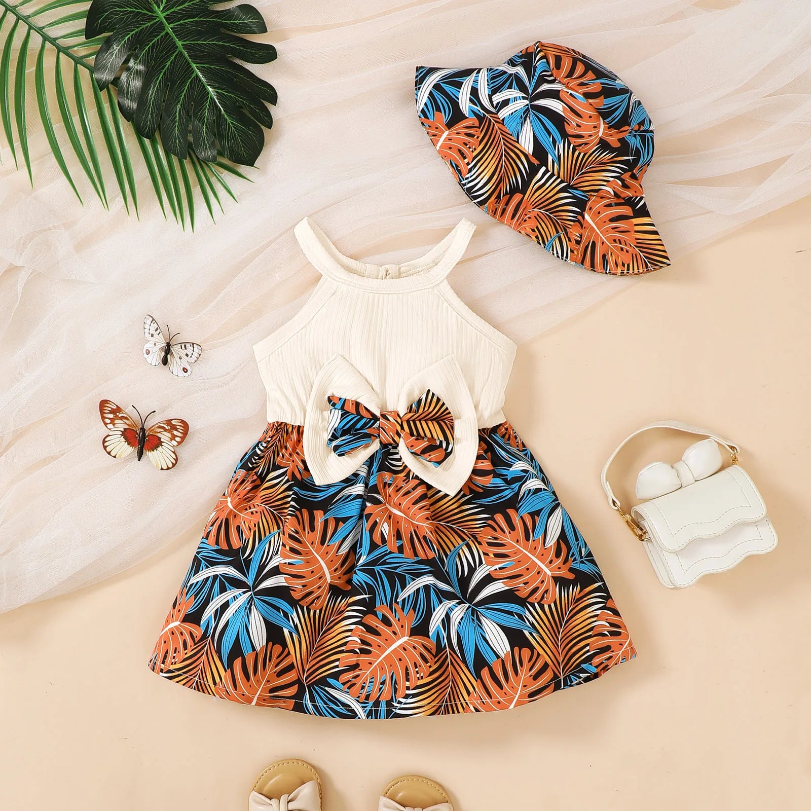 Ensemble Bébé Fille 2 Pièces – Robe à Nœud & Chapeau d'Été