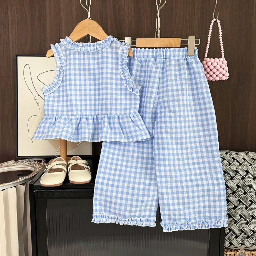 Ensemble Bébé Fille Été – Gilet Dentelle & Pantalon Large Bleu Blanc