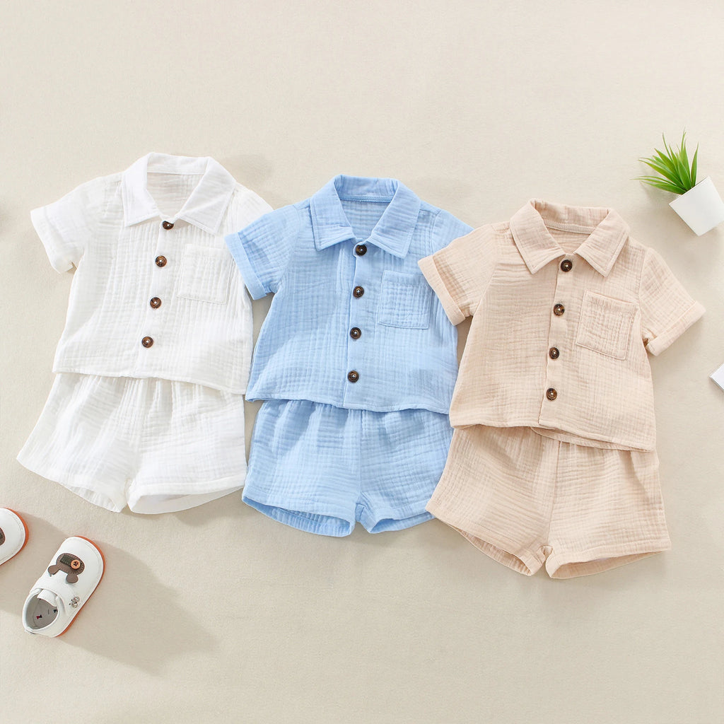 Ensemble Bébé Garçon Été – Chemise Col Revers & Short en Coton Lin