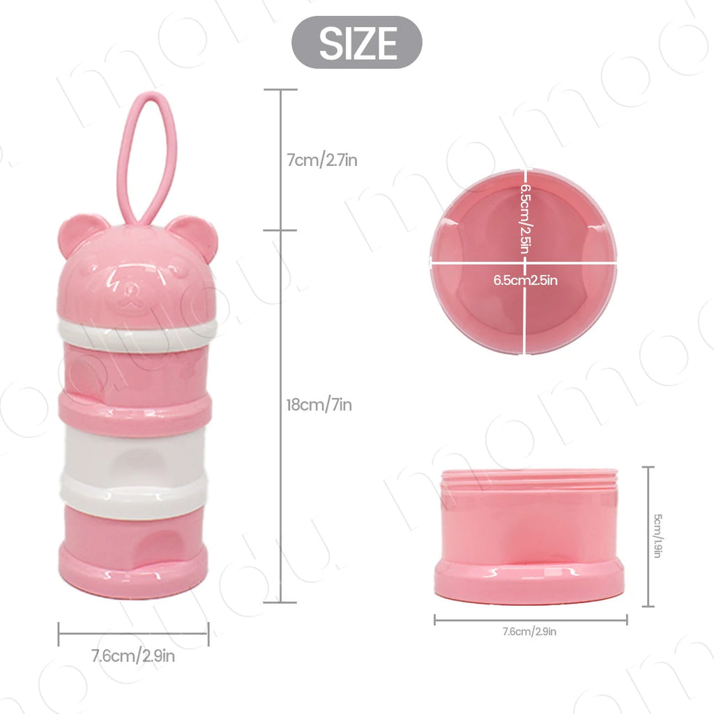 Portable 3-Layer  Milk Powder Box Formula Dispenser, Cute Bear Style Spill-Proof Container with Separate Sections