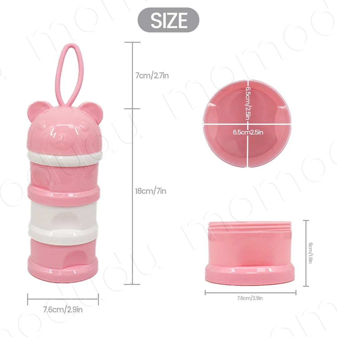 Portable 3-Layer  Milk Powder Box Formula Dispenser, Cute Bear Style Spill-Proof Container with Separate Sections