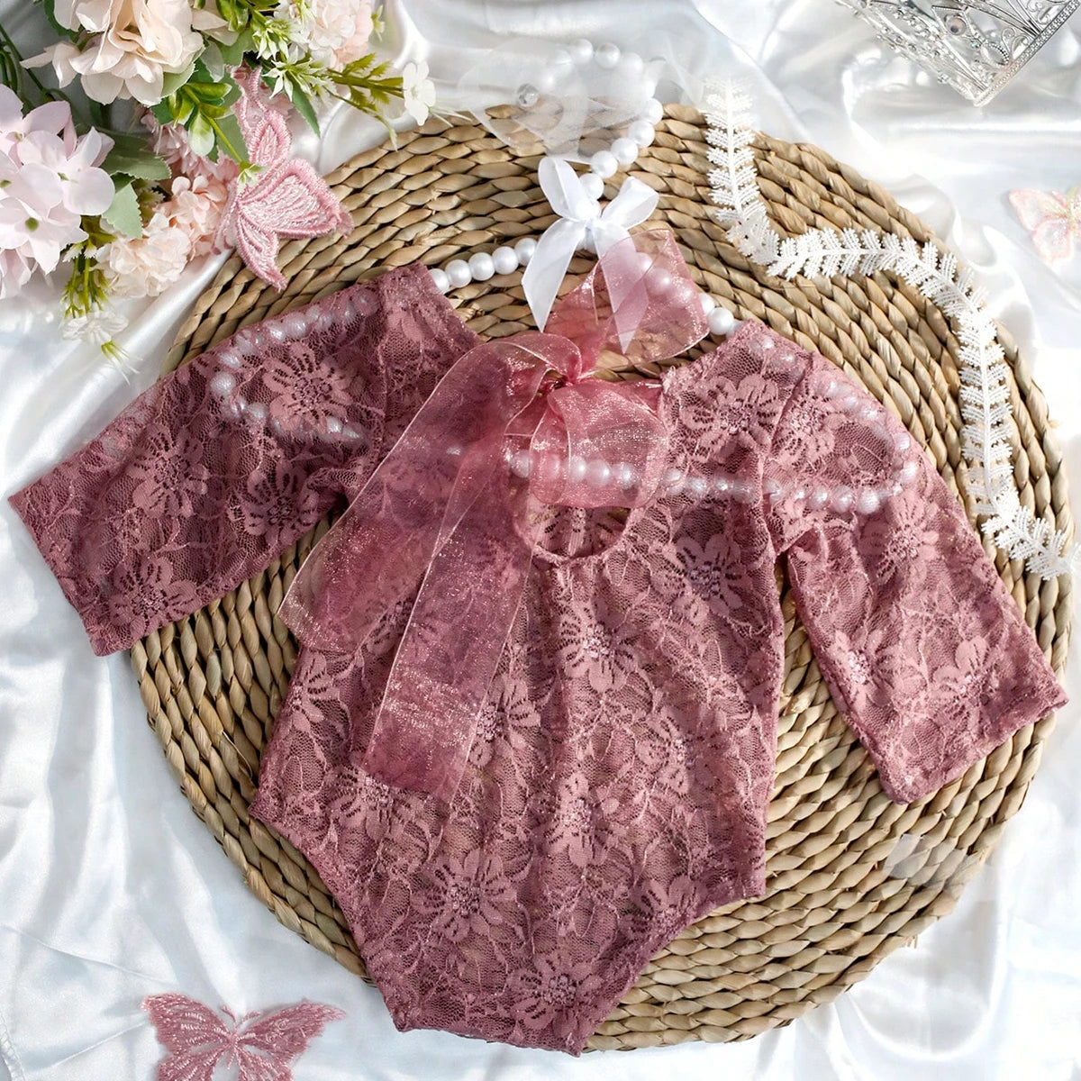 Ylsteed 2 Pieces Set Newborn Lace Romper Infant Photography Outfits with Matching Headband Baby Girl Photo Shooting Props