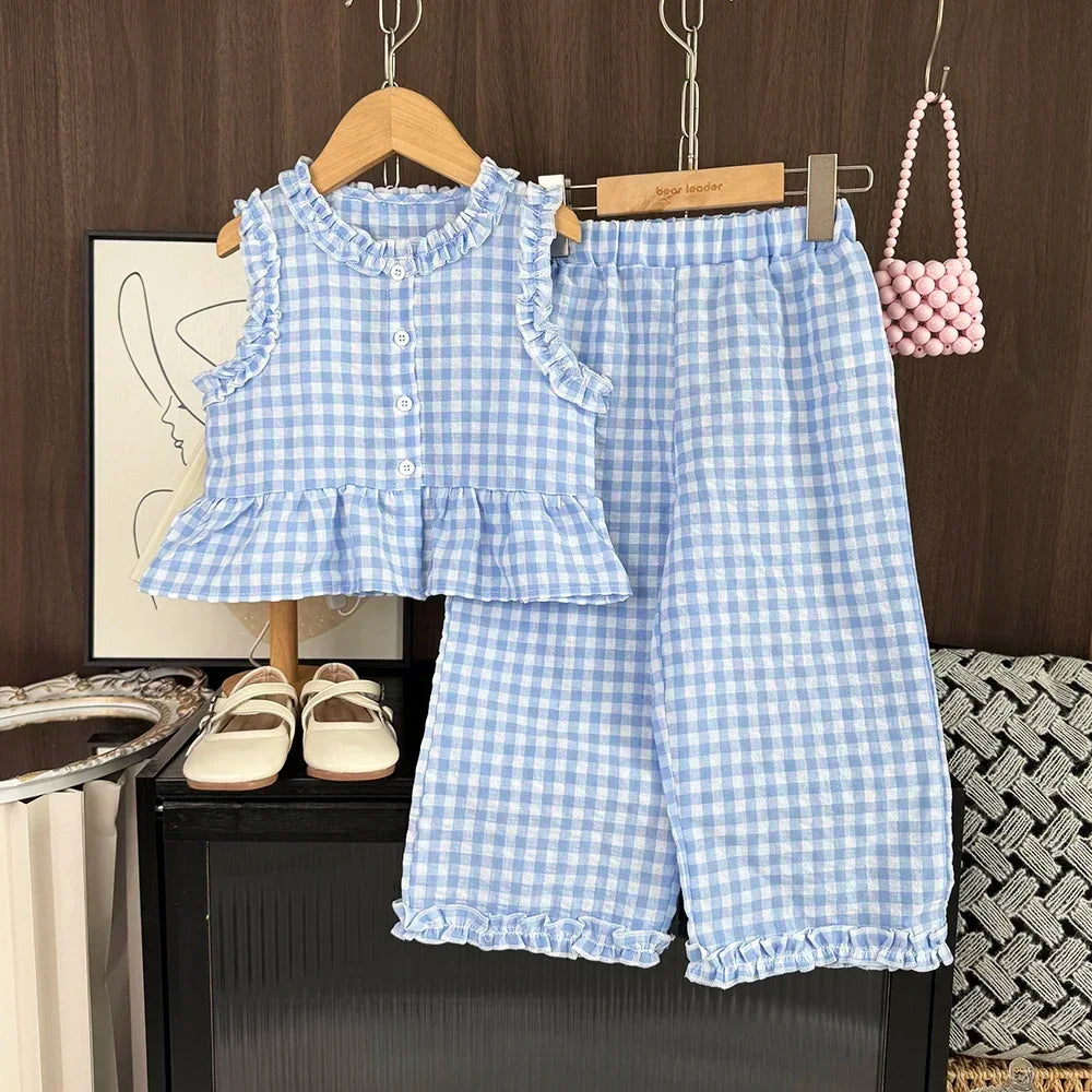 Ensemble Bébé Fille Été – Gilet Dentelle & Pantalon Large Bleu Blanc