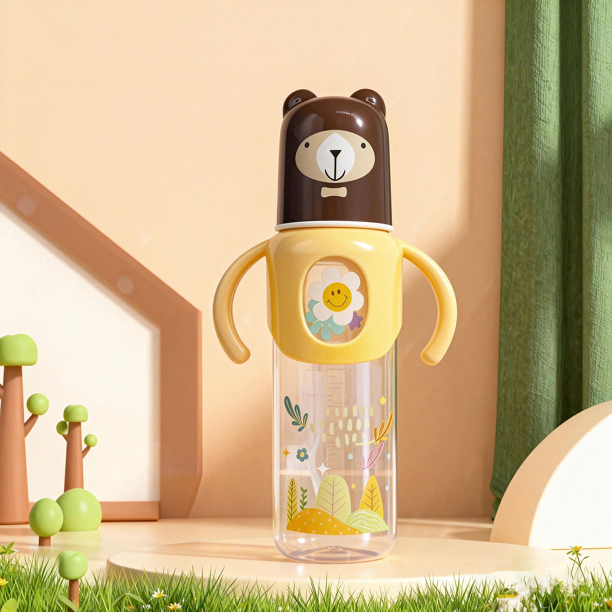 250ml  Baby bottle standard caliber silicone mouth baby cartoonwith handle newborn drinking water anti-fall pp bottle