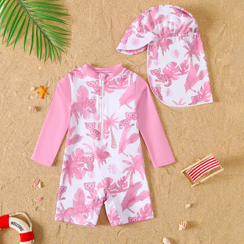 Maillot de Bain Bébé Fille Rose – Manches Longues avec Chapeau