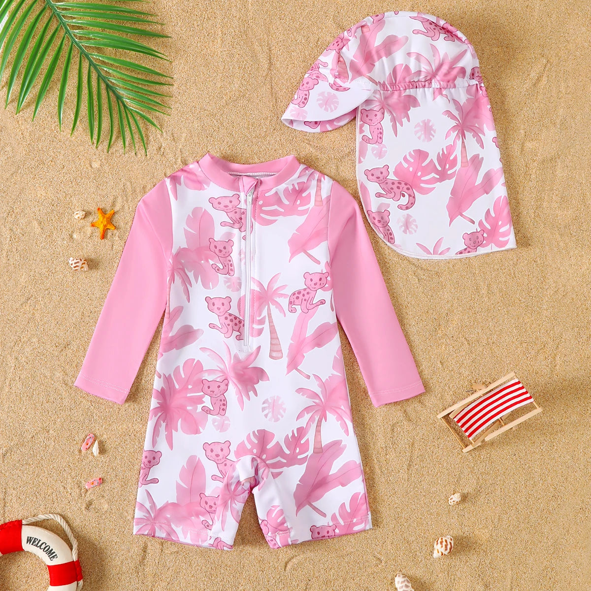 Maillot de Bain Bébé Fille Rose – Manches Longues avec Chapeau