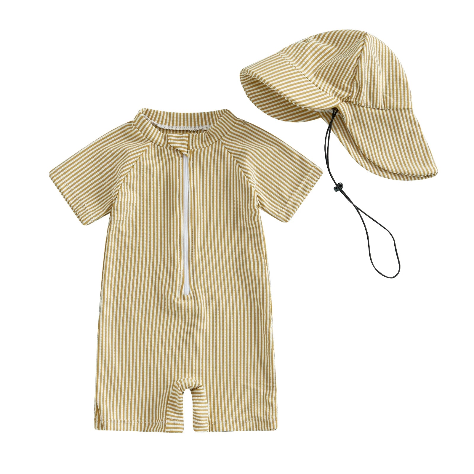 Maillot de Bain Bébé Anti-UV – Combinaison Rayée Manches Courtes & Chapeau