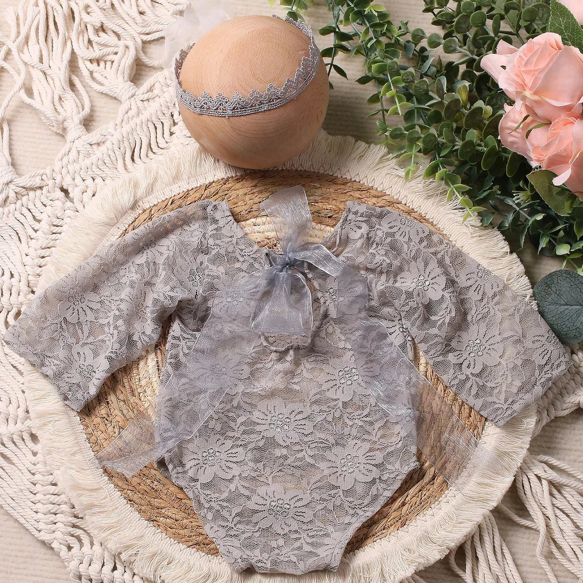 Ylsteed 2 Pieces Set Newborn Lace Romper Infant Photography Outfits with Matching Headband Baby Girl Photo Shooting Props