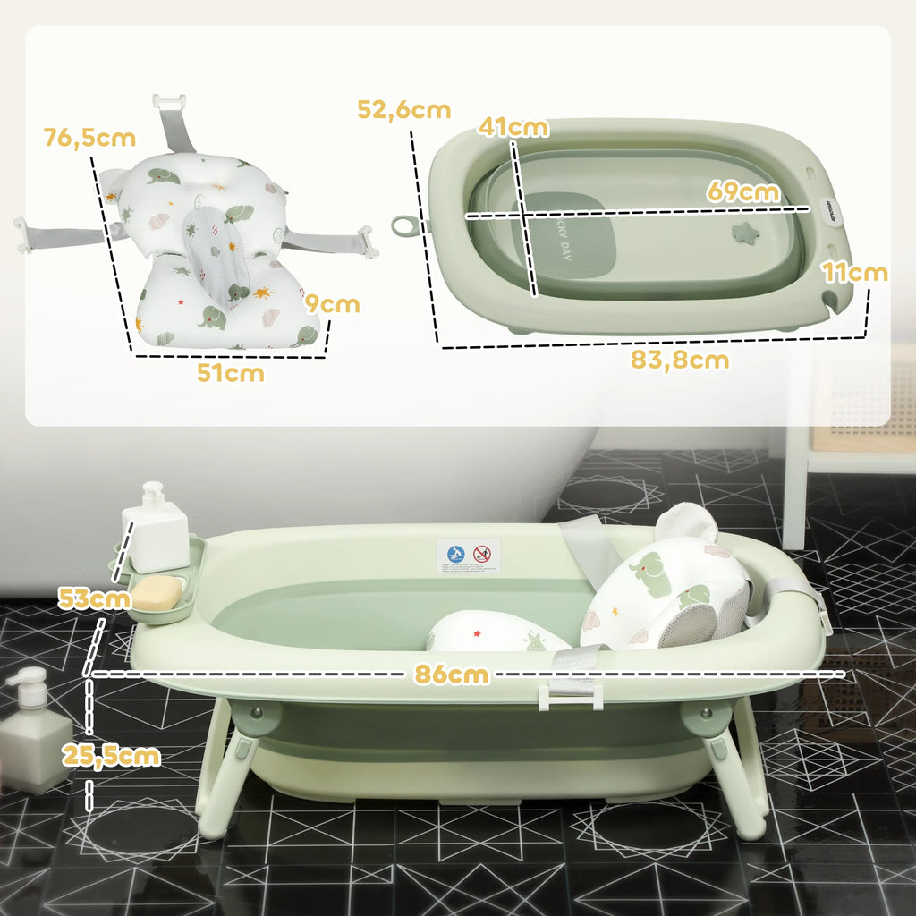 Aiyaplay Foldable Baby Bathtub with Bath Cushion Support with Button Drain Hole and Shower Shelf Hook Green