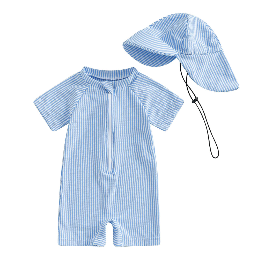 Maillot de Bain Bébé Anti-UV – Combinaison Rayée Manches Courtes & Chapeau