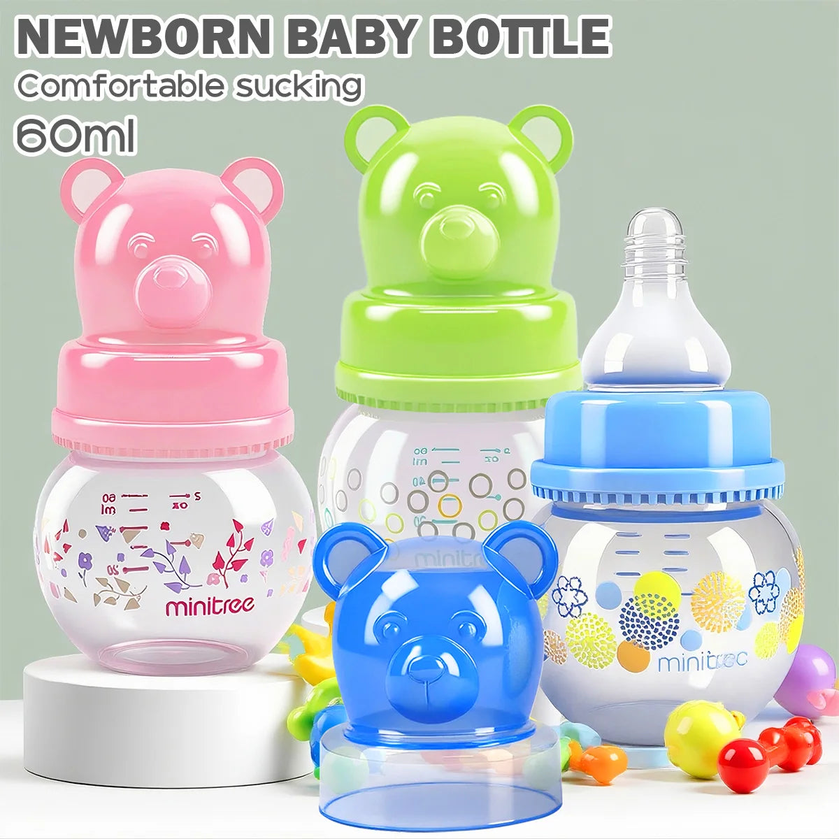 60ml wide diameter baby PP bottle, Cartoon bear shape newborn mini bottle, BPA-free, anti-drop and anti-drop, holiday gift