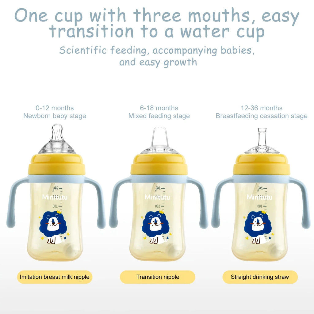 1pcs  baby bottle, PP baby bottle with handle, including 3 interchangeable heads, bottles, cups, baby learning cup, 3-in-1 duckb