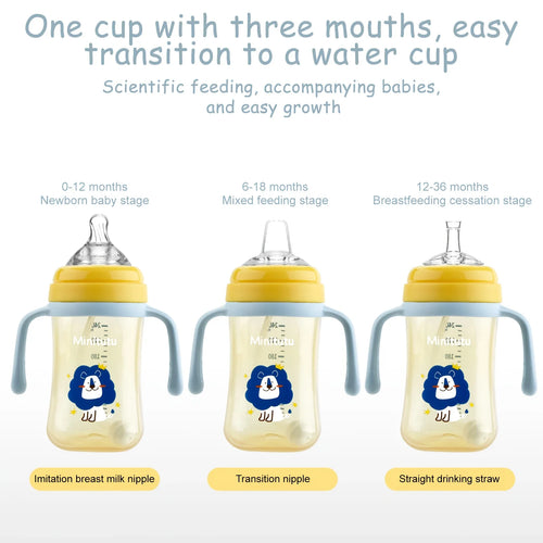 1pcs  baby bottle, PP baby bottle with handle, including 3 interchangeable heads, bottles, cups, baby learning cup, 3-in-1 duckb