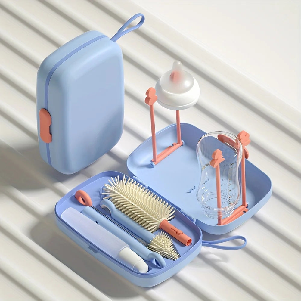Silicone Bottle Brush Pacifier Brush with Storage Box Draining Rack Straw Brush for Baby Bottles Home Travel Cleaning Kit Safe