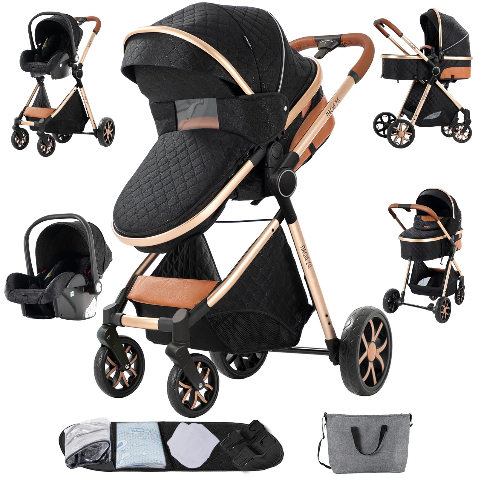3-in-1 High Landscape Baby Stroller Travel System Bassinet Car Seat Lightweight Frame with One-Hand Folding Feature Baby Items