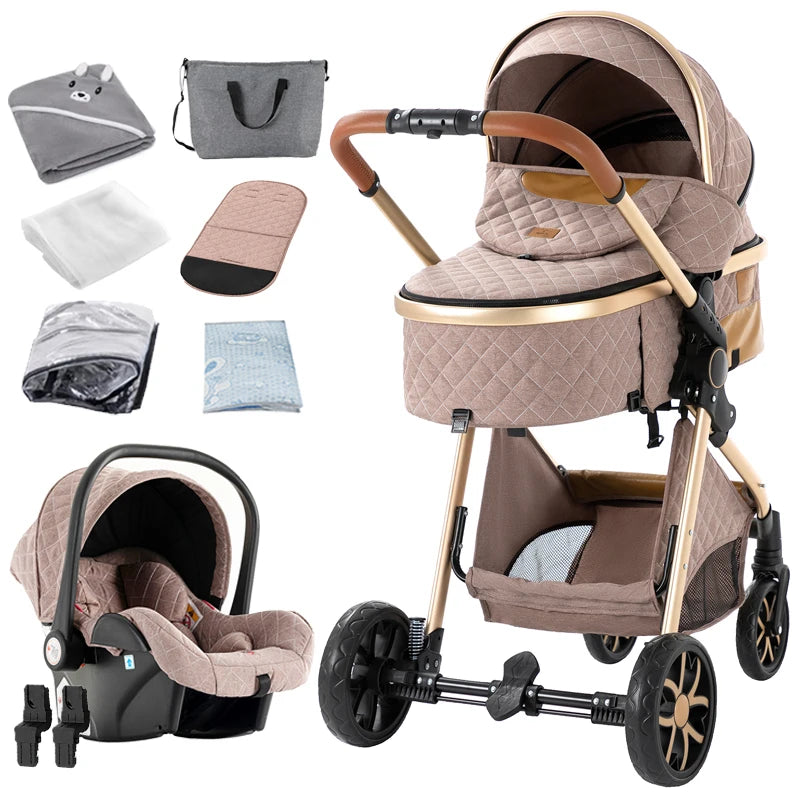 3 in 1 Baby Stroller Foldable Lightweight Pushchair High Landscape Reclining Seat Travel for Newborn Toddler Baby Carriage