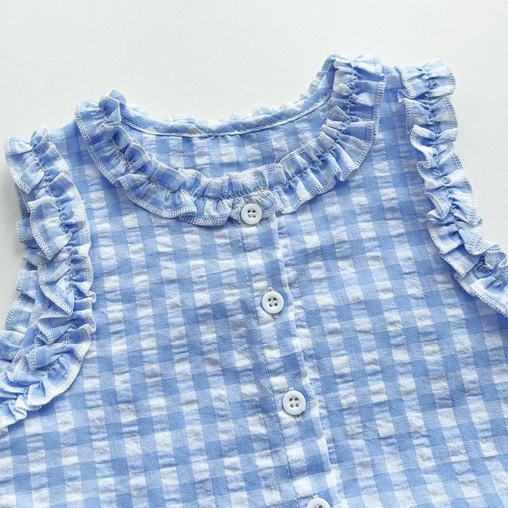 Ensemble Bébé Fille Été – Gilet Dentelle & Pantalon Large Bleu Blanc