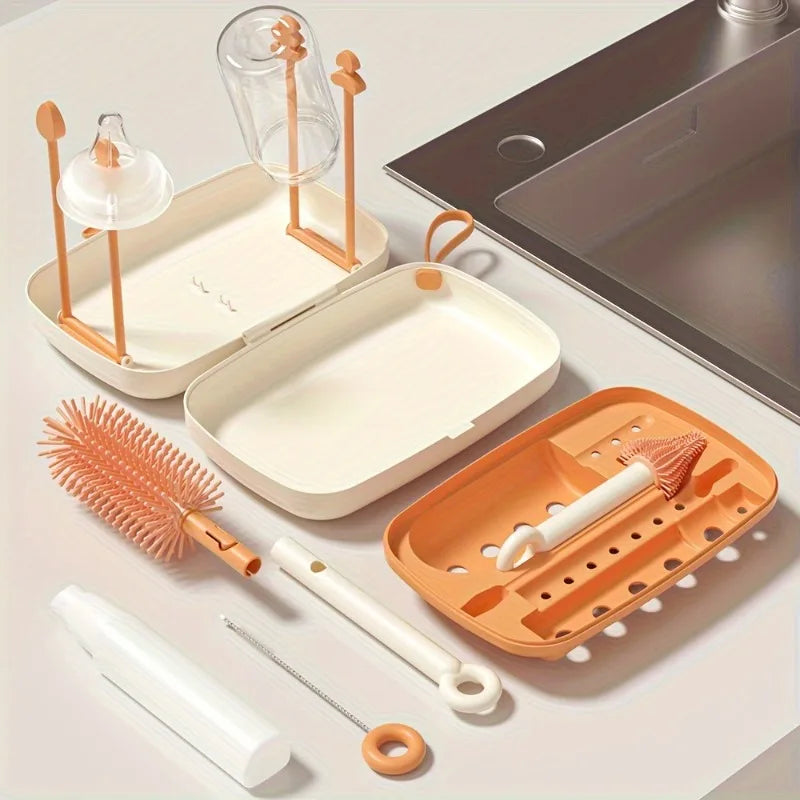 Silicone Bottle Brush Pacifier Brush with Storage Box Draining Rack Straw Brush for Baby Bottles Home Travel Cleaning Kit Safe