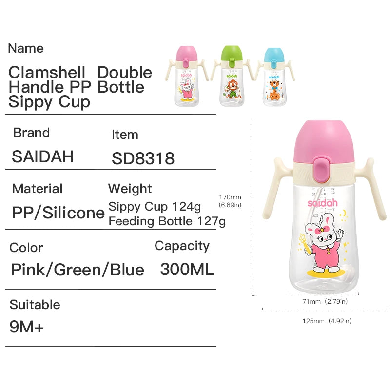 10oz Clamshell Baby Feeding Bottle Silicone Straw Spill-Proof Leak-Resistant Toddler Training Drinking Water Sippy Cup